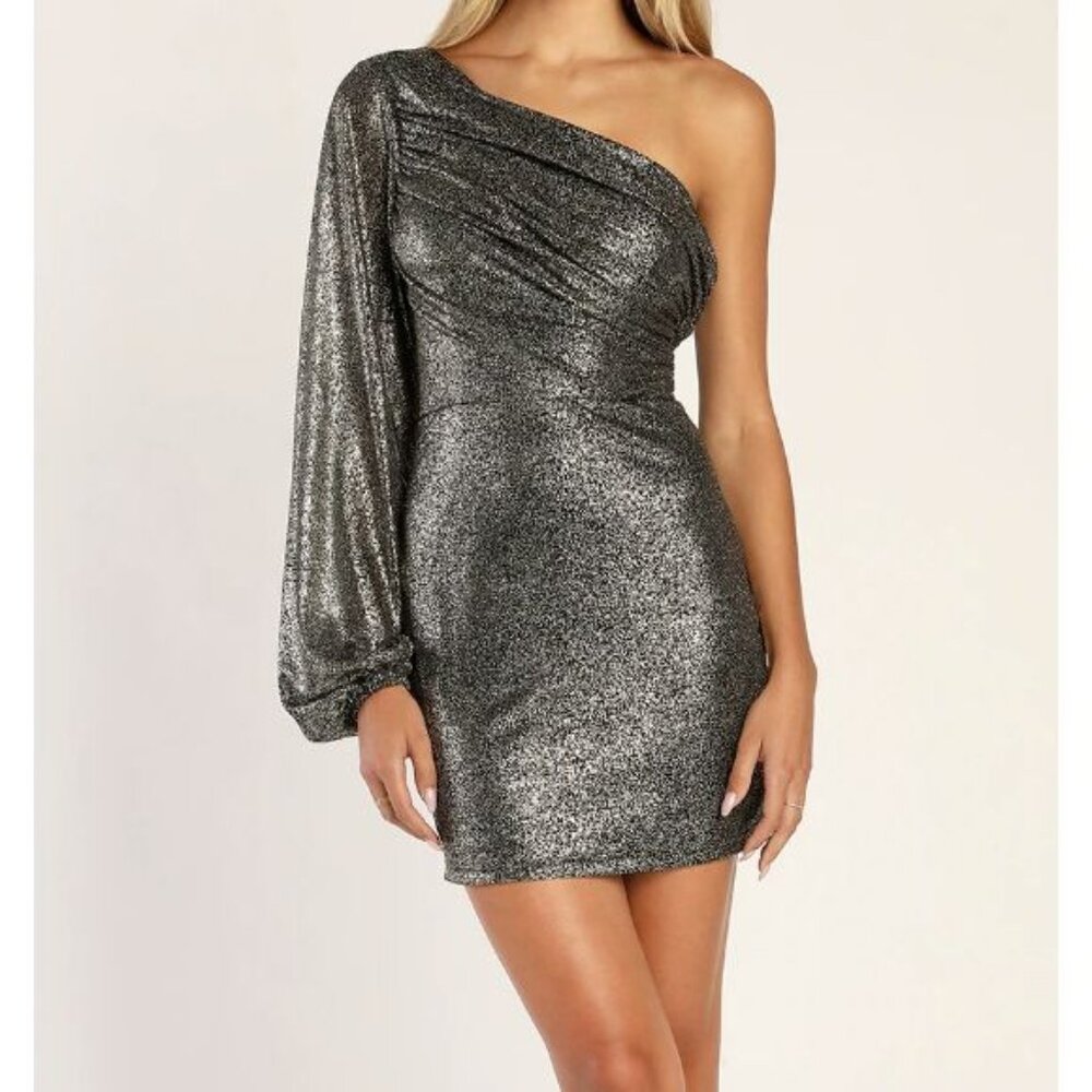 Lulus Black and Gold Lucky Babe Ruched One-Shoulder Mini Bodycon Dress XL- New